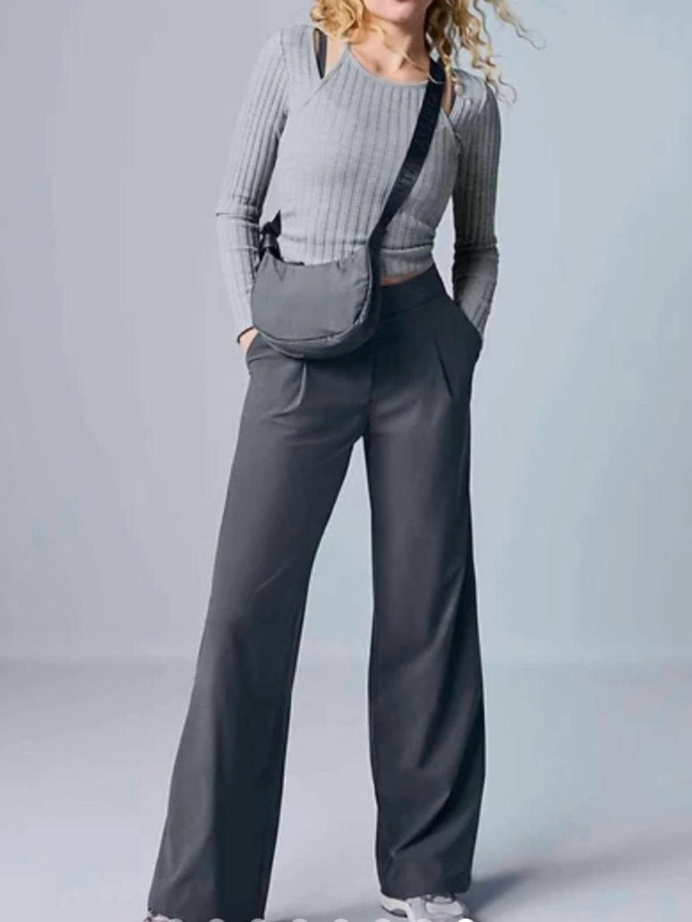 Athleta Pinnacle High-Rise Elastic Waistband Wide Leg Trouser Grey Size 14